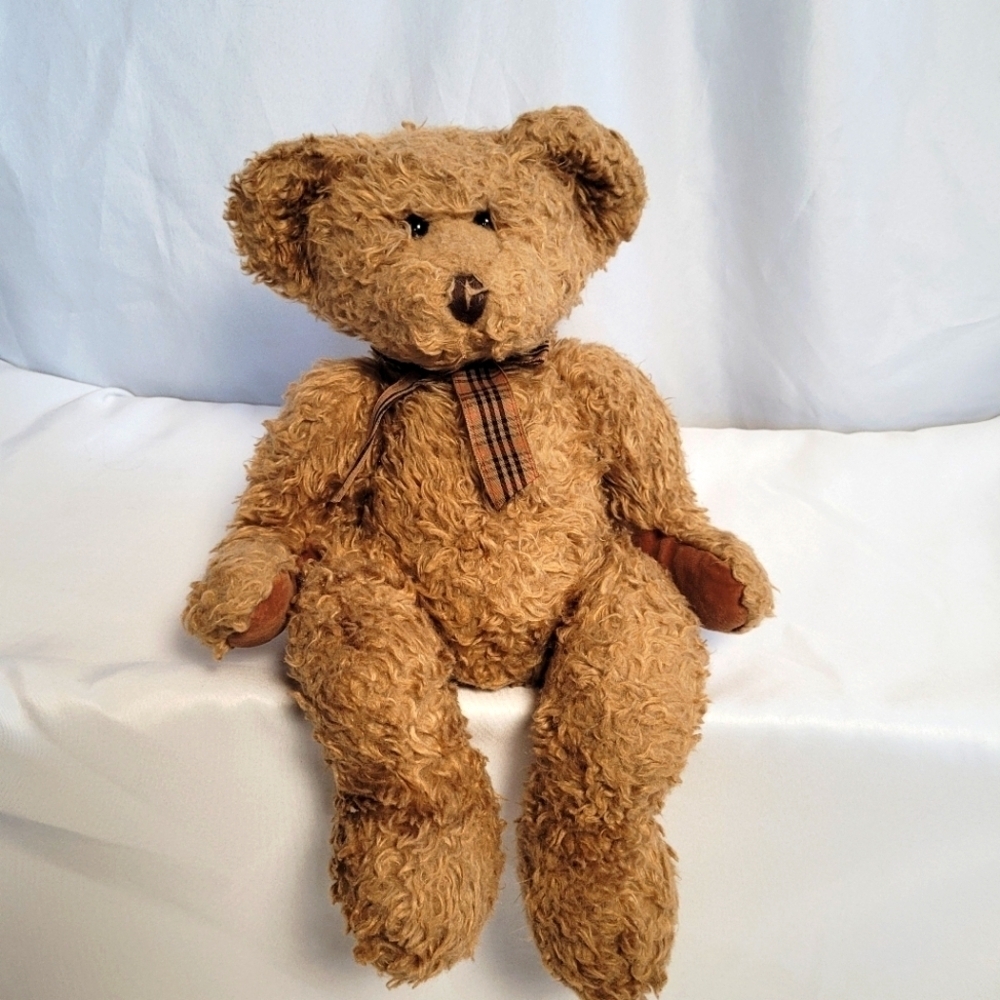 Russ Berrie Spencer Tan Curly Hair Bear Plaid Bow 16"